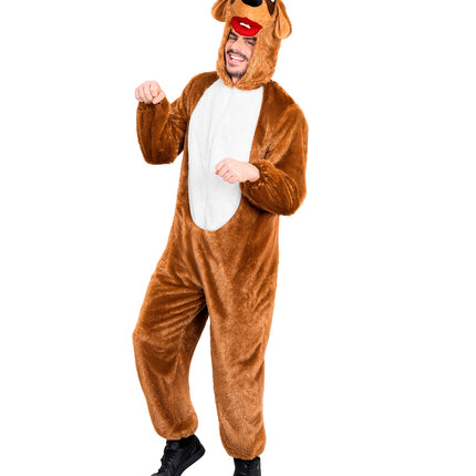 Hond in zacht pluche jumpsuit voor volwassenen zijaanzicht – verkleedkleding