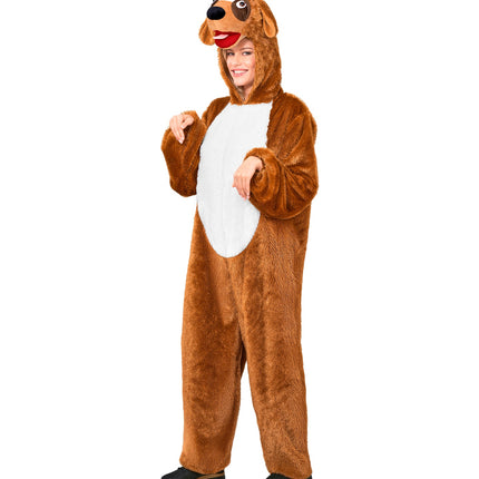 Hond in zacht pluche jumpsuit voor volwassenen achterkant – verkleedkleding