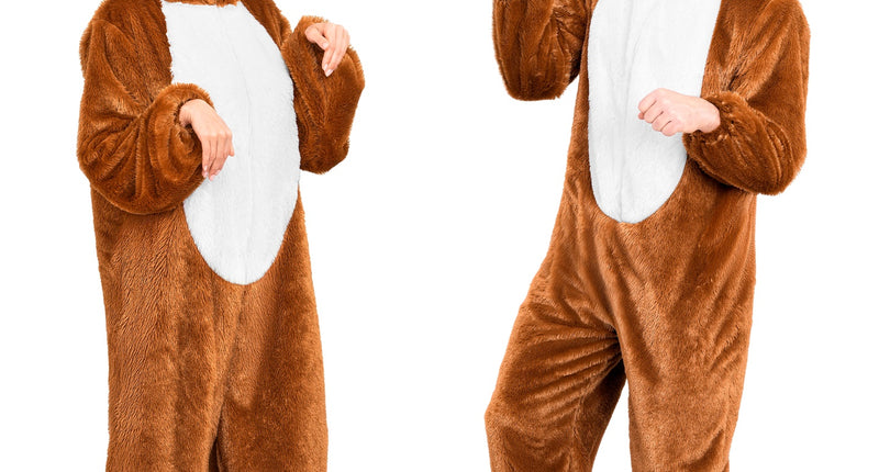 Hond in zacht pluche jumpsuit voor volwassenen vooraanzicht – verkleedkleding