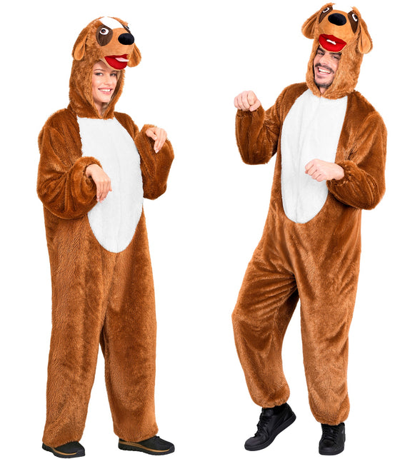 Hondenpak volwassenen in bruin pluche, jumpsuit met witte buik en hondenkop op de capuchon, voor carnaval