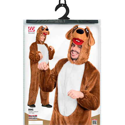 Hond in zacht pluche jumpsuit voor volwassenen close-up – verkleedkleding