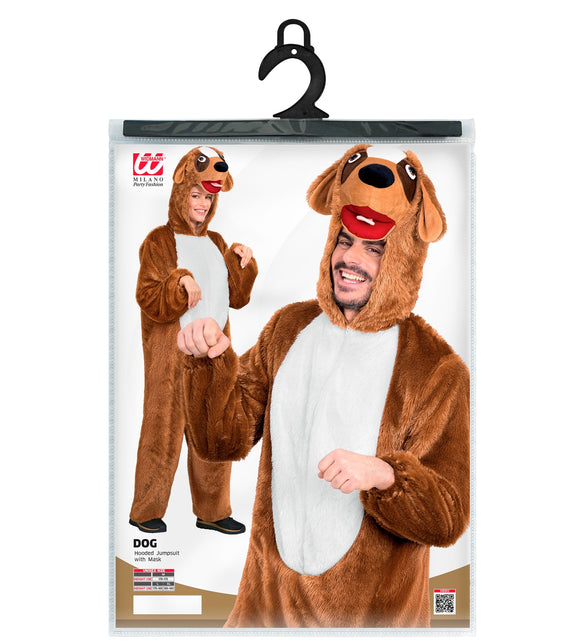 Verpakking van het pluche hondenpak van Widmann met maatoverzicht M, L en XL