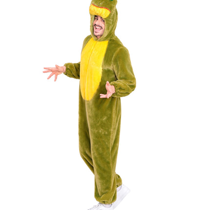 Groene kikker jumpsuit zijaanzicht met capuchon over het hoofd en gele bek naar voren