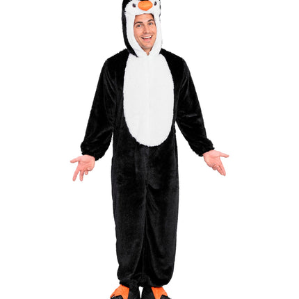 Pinguin onesie heren met capuchon met oranje snavel en rits aan de voorkant
