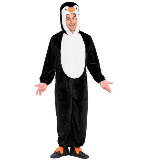 Pinguin onesie heren met capuchon met oranje snavel en rits aan de voorkant