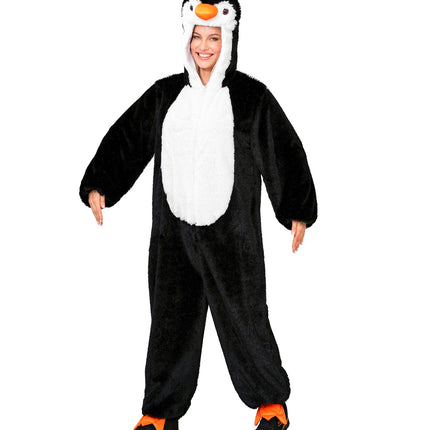 Pinguin jumpsuit dames met witte buikpartij en oranje pinguinpoten over de schoenen