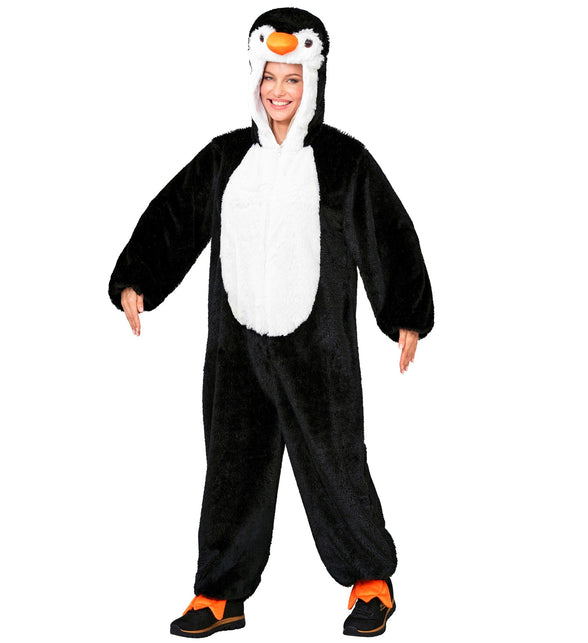Pinguin jumpsuit dames met witte buikpartij en oranje pinguinpoten over de schoenen