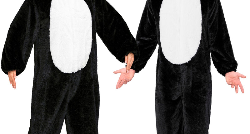 Pinguin jumpsuit volwassenen in zwart pluche met witte buik, gedragen door dame en heer