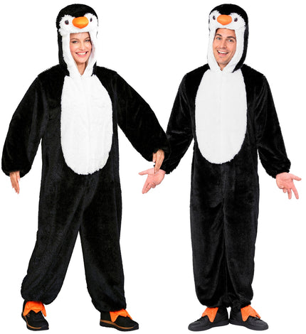 Pinguin jumpsuit volwassenen in zwart pluche met witte buik, gedragen door dame en heer