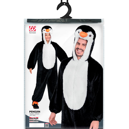 Verpakking pinguin jumpsuit met capuchon en masker, maten M tot XL