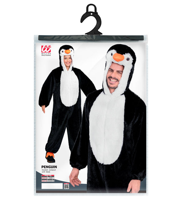 Verpakking pinguin jumpsuit met capuchon en masker, maten M tot XL