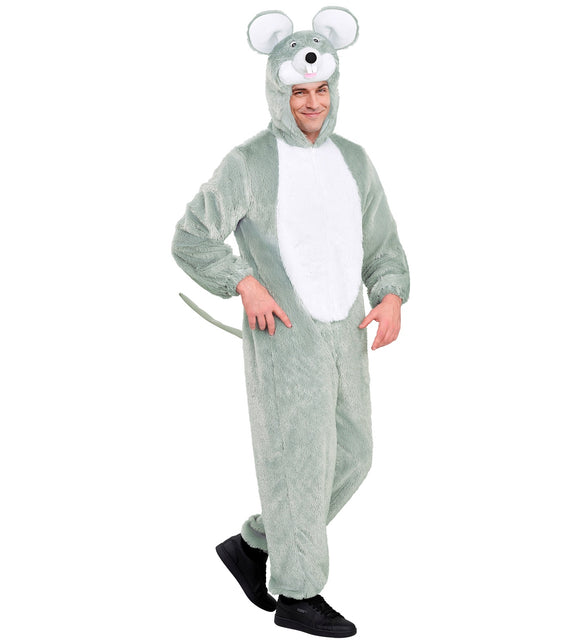 Muizenpak heren grijs pluche jumpsuit met rits en lange staart, zijaanzicht