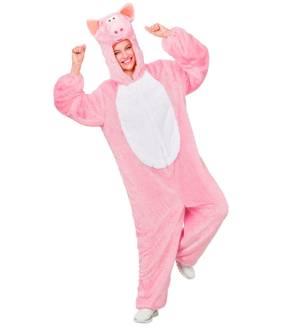 Varkenspak dames roze pluche jumpsuit met capuchon met oren en snuit