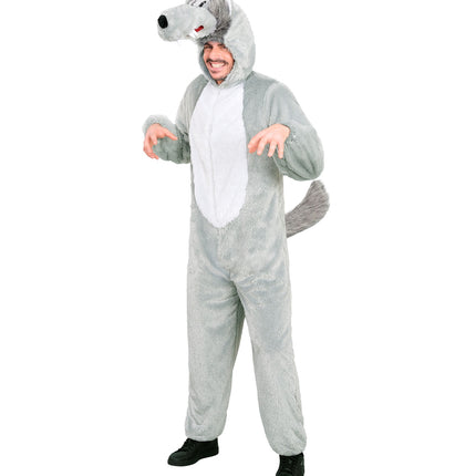 Wolf jumpsuit heren met voorsluiting, pluizige grijze staart en wolfskop met hoektanden