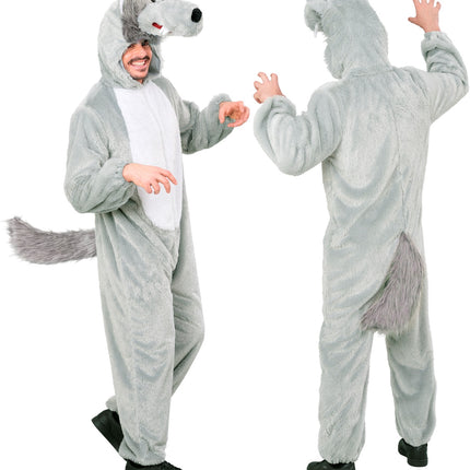 Wolf jumpsuit voor- en achterkant met staart onder de heup en wolfsoren op de capuchon
