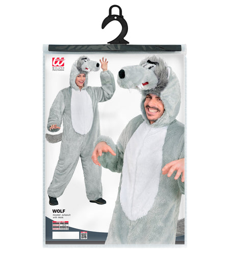 Wolf jumpsuit volwassenen in verpakking met maatoverzicht en masker, van Widmann