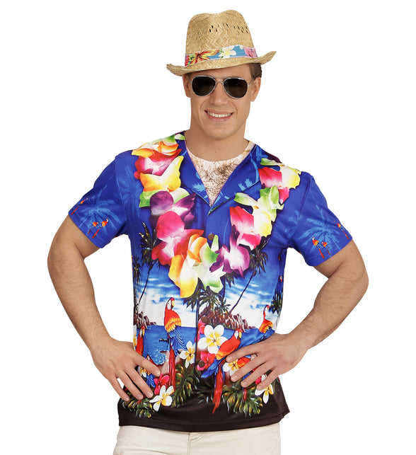 3D Hawaii t-shirt heren met gespierde torso fotoprint, tropisch beachbody verkleedshirt vooraanzicht