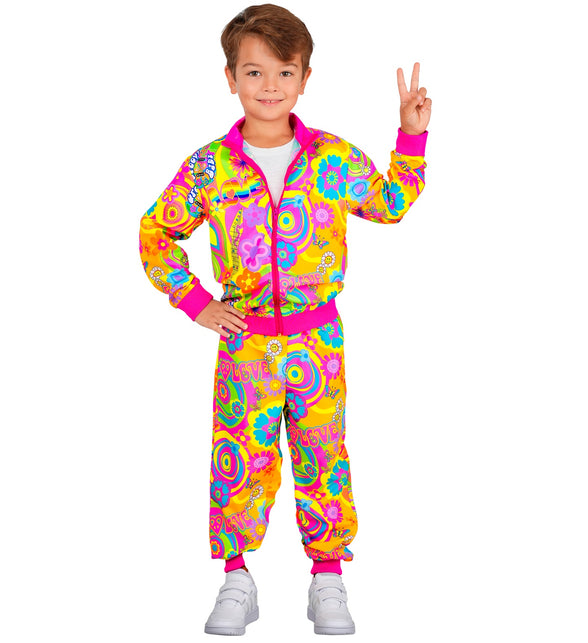 Neon hippie trainingspak jongen, jasje met roze boorden en broek met bloemenprint
