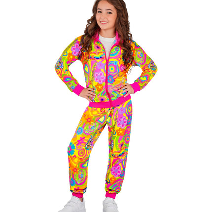 Hippie trainingspak meisje neon, geel-roze print met hartjes en gitaren
