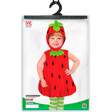 Aardbeienpakje voor kinderen in verpakking met jumpsuit en hoofddeksel, kindermaten 110 tot 128 cm