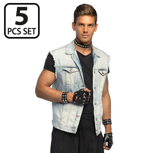 Accessoireset punk spikes 80s gedragen om hals, polsen en handen bij een jaren 80-outfit