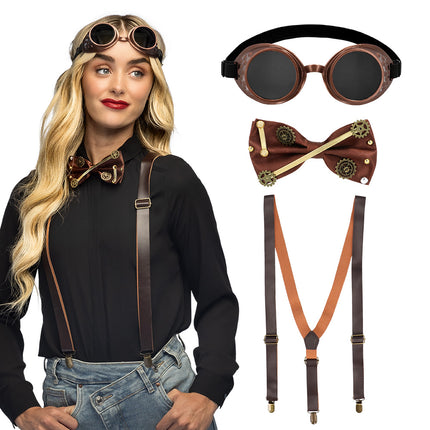 Accessoireset Steampunk 4-delig met koperkleurige stofbril, bruine tandwielstrik en Y-bretels, los en gedragen door een vrouw
