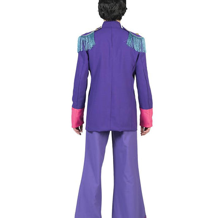 Achterkant van de Beatles jas in paars met turquoise franjes op de schouders en roze manchetten