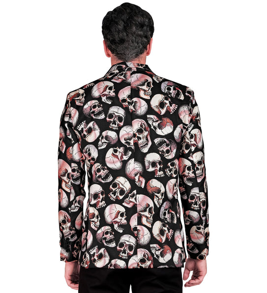Achterkant van het colbert schedels Happy met doorlopende doodskoppenprint