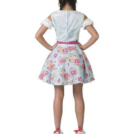 Achterkant van de dirndl Hilda dames: effen lichtblauw lijfje met rits en een rok vol roze bloemen