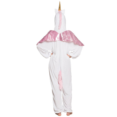 Achterkant eenhoorn onesie met roze manenstrook over de capuchon, twee vleugels en pluizige staart