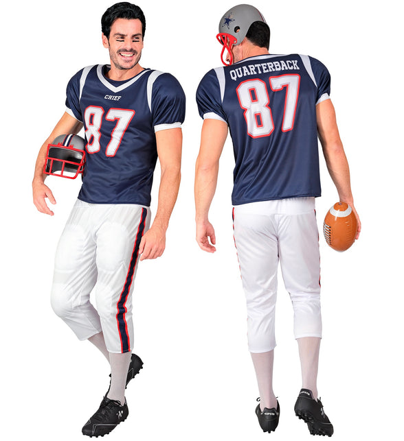 Voor- en achterkant van het footballkostuum Yara met QUARTERBACK en rugnummer 87 op de rug