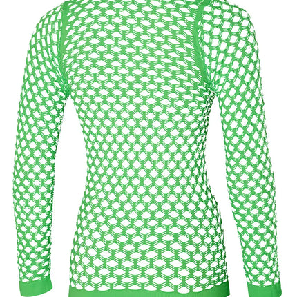 Achterkant van het groene visnet shirt met geribde zoom en mouwboorden