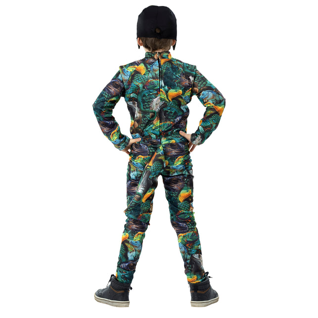 Achterkant hagedis kostuum met lange rits over de rug en doorlopende leguanenprint