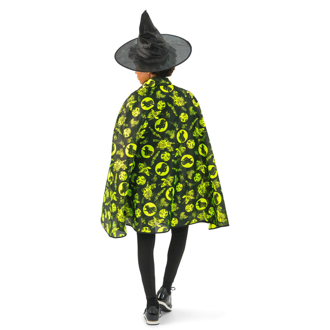 Achterkant halloween cape fluo met fluorgroene manen, heksen en vleermuizen over de hele rug