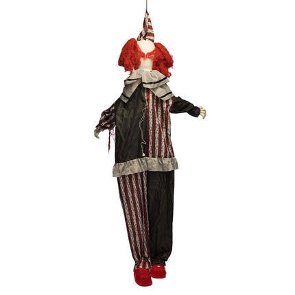 Achterkant van de hangdecoratie clown Mad giggles met half zwart en half gestreept pak
