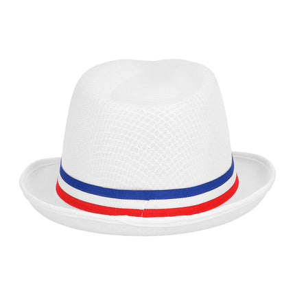 Achterkant van de hoed Funky Frankrijk met opengewerkte witte stof en blauw-wit-rood lint