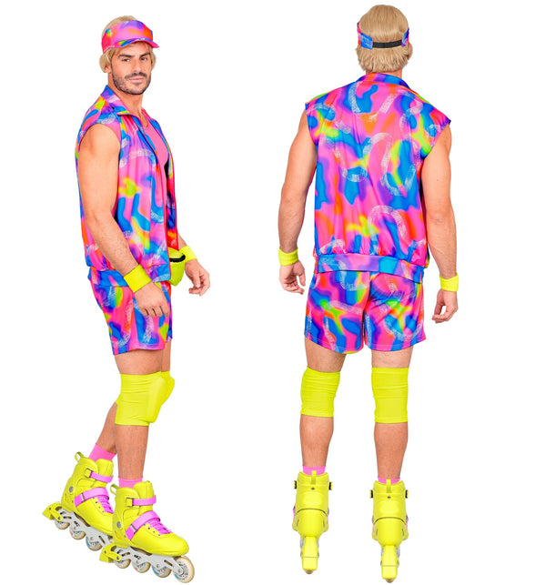 Achterkant jaren 80 rollerblader kostuum heren met neonprint op jack en korte broek