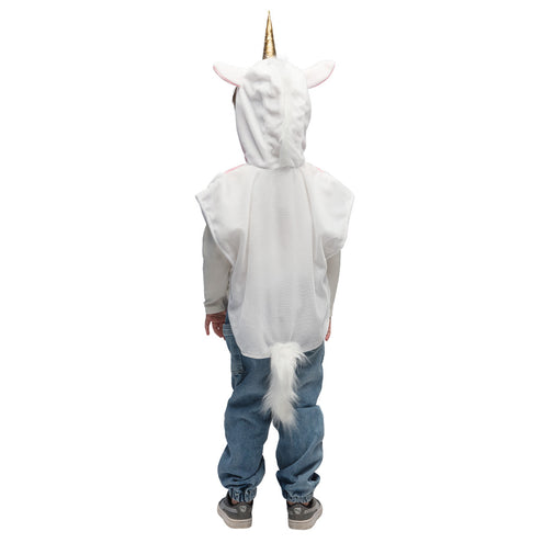 Achterkant kinderponcho eenhoorn met pluizige witte afneembare staart en oortjes met roze binnenkant