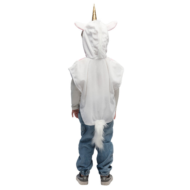 Achterkant kinderponcho eenhoorn met pluizige witte afneembare staart en oortjes met roze binnenkant
