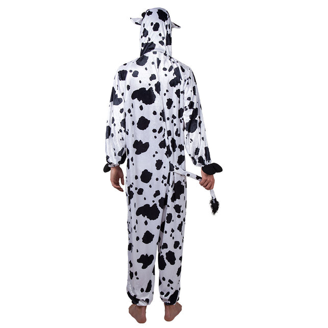 Achterkant koe onesie met staart met zwarte kwast en capuchon met oortjes