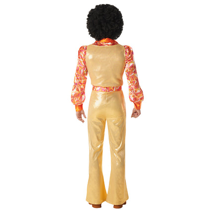 Achterkant kostuum Funky king heren: gouden top, riem met bloemenprint en wijd uitlopende broek