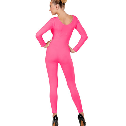 Achterkant van de lange roze body voor dames met lage ronde rugopening en pijpen tot de enkel