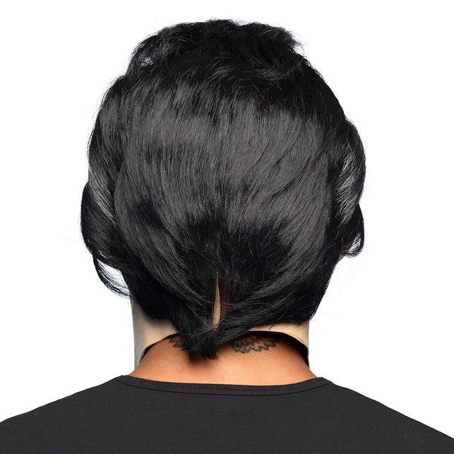 Achterkant van het latex hoofdmasker Graaf Vamp met zwart haar tot in de nek