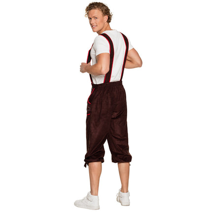 Achterkant lederhose Klaus met elastische taille en rood omzoomde bretels over de rug