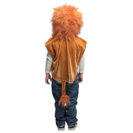 Achterkant leeuwenponcho kind met afneembare staart met pluizige punt en manenkap