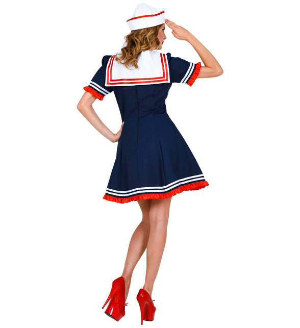 Achterkant matroos jurkje marine met grote witte matrozenkraag en lange rugsluiting