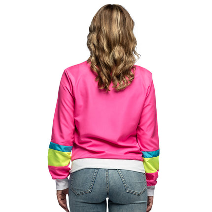 Achterkant van het neonroze trainingsjasje, effen roze met neongele en blauwe mouwbanden