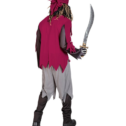 Achterkant piraat skelet kostuum Jack met bordeauxrood vest in punten en grijze broek