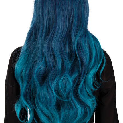 Achterkant pruik Selena: 75 cm lange turquoise golven met blauwe bovenkant voor een neonparty