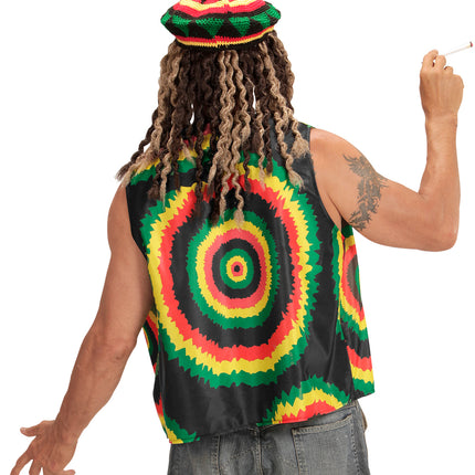 Achterkant van het rasta vest met grote concentrische cirkels in groen, geel en rood op zwart